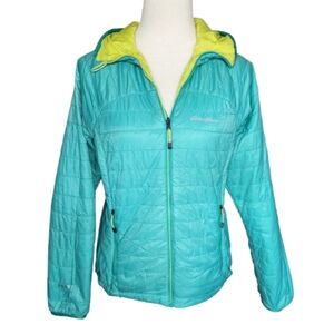 Eddie Bauer women's turquoise packable puffer jacket with hood Women' size small